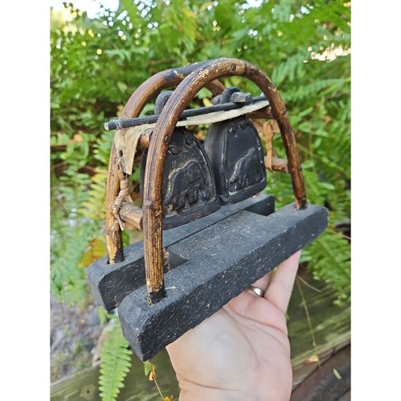 Vintage BUDDHIST TEMPLE ELEPHANT BELLS on‎ Stand Bronze Bamboo 6